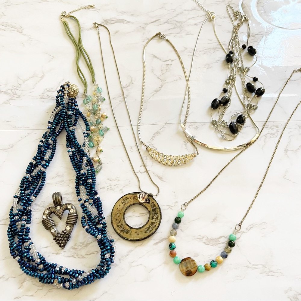 Elegant Multi-Color Necklace Set Beaded Silver Tone Pendant Heart Womens Bulk